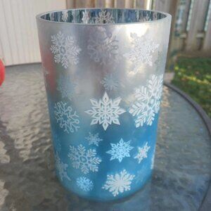 YANKEE CANDLE Snowflakes Large glass Jar Holder Pillar Candle Holder Blue Teal